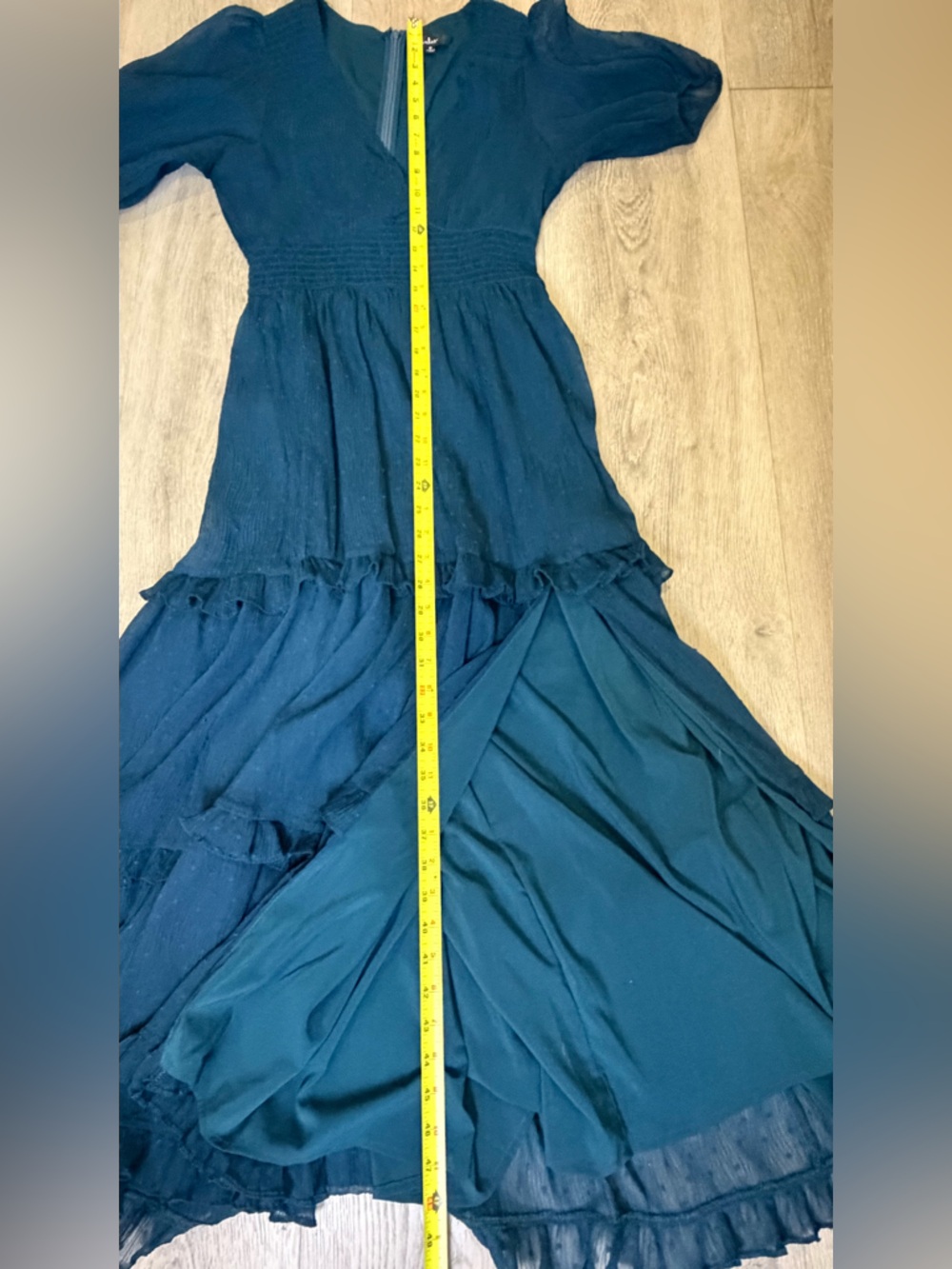 Lulu's Tier Sz M Dark Teal Puff Sleeves Tiered Midi Stretchy Waist Dress - Picture 11 of 12